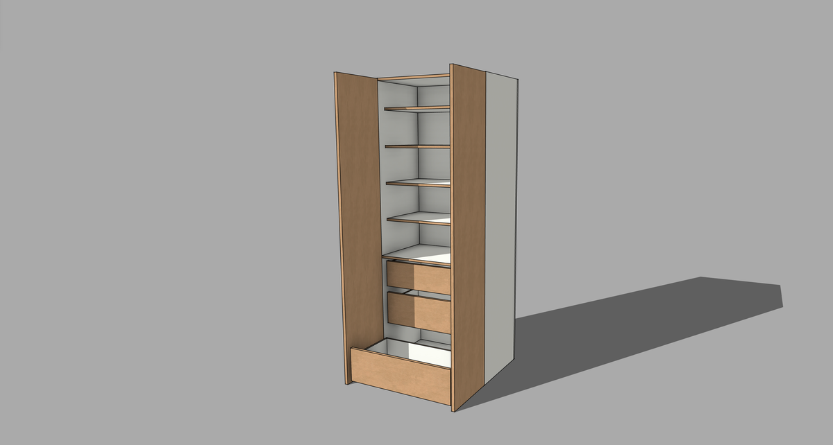 FRM_TDF_3DRW3SHELVESLR [ 3 DRAWERS, 4 SHELVES, LRH HINGED]